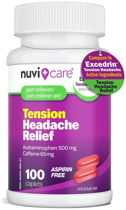 Nuvicare Tension Headache Relief Pills with 500mg Acetaminophen and 65mg Caffeine - Non Aspirin Pain Reliever Aid - Compare to Active Ingredient in Aspirin Free Excedrin Tension Headache (100 Caplets) - Maple Wellness Supplements