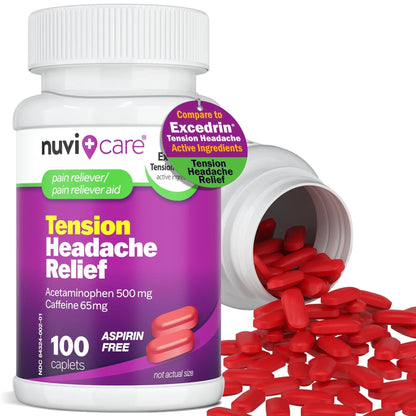 Nuvicare Tension Headache Relief Pills with 500mg Acetaminophen and 65mg Caffeine - Non Aspirin Pain Reliever Aid - Compare to Active Ingredient in Aspirin Free Excedrin Tension Headache (100 Caplets) - Maple Wellness Supplements