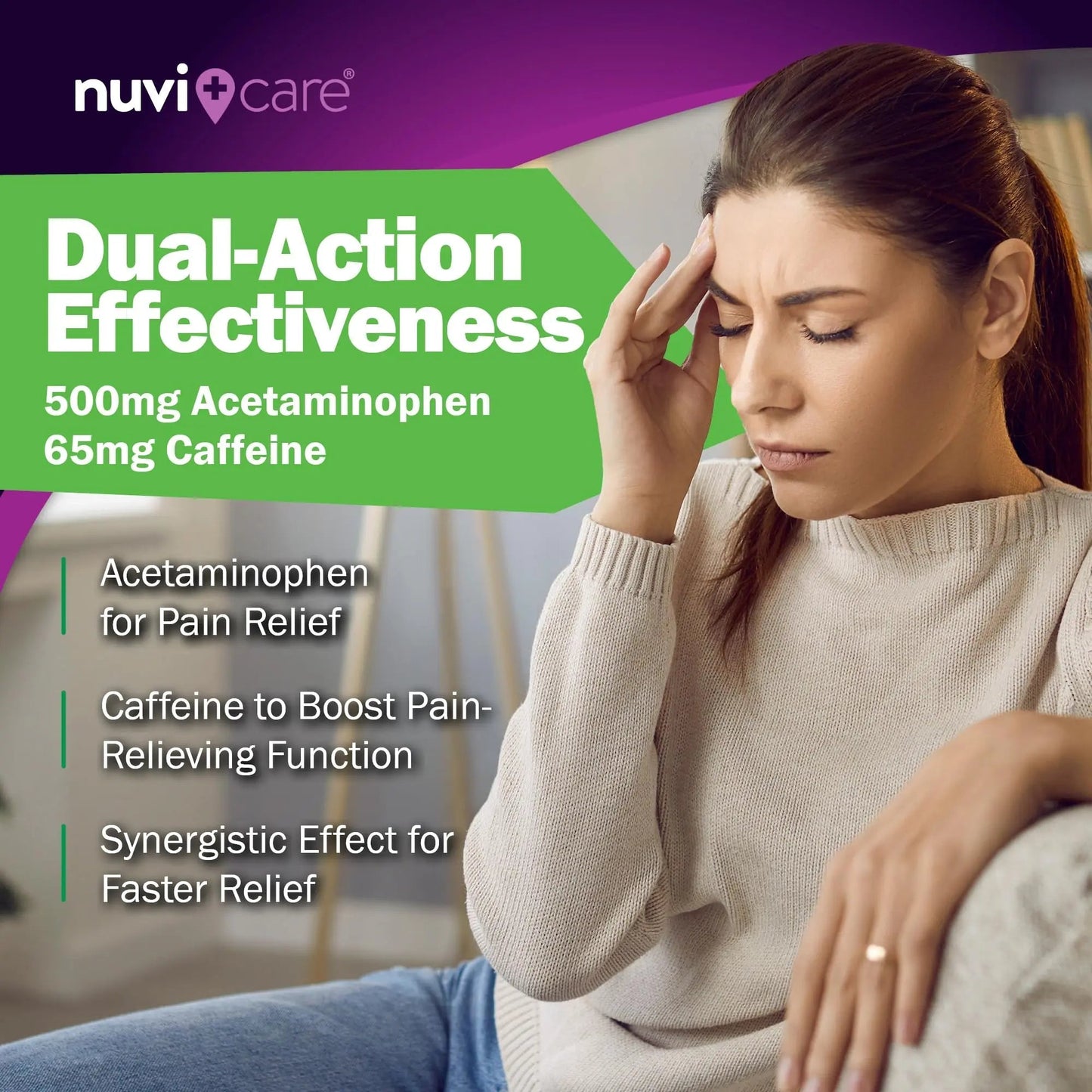 Nuvicare Tension Headache Relief Pills with 500mg Acetaminophen and 65mg Caffeine - Non Aspirin Pain Reliever Aid - Compare to Active Ingredient in Aspirin Free Excedrin Tension Headache (100 Caplets) - Maple Wellness Supplements