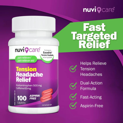 Nuvicare Tension Headache Relief Pills with 500mg Acetaminophen and 65mg Caffeine - Non Aspirin Pain Reliever Aid - Compare to Active Ingredient in Aspirin Free Excedrin Tension Headache (100 Caplets) - Maple Wellness Supplements