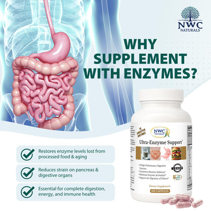 NWC Naturals Ultra-Enzyme Support, Natural Digestive Supplement, Promotes Optimal Health and Digestion, 200 count Capsules - Maple Wellness Supplements