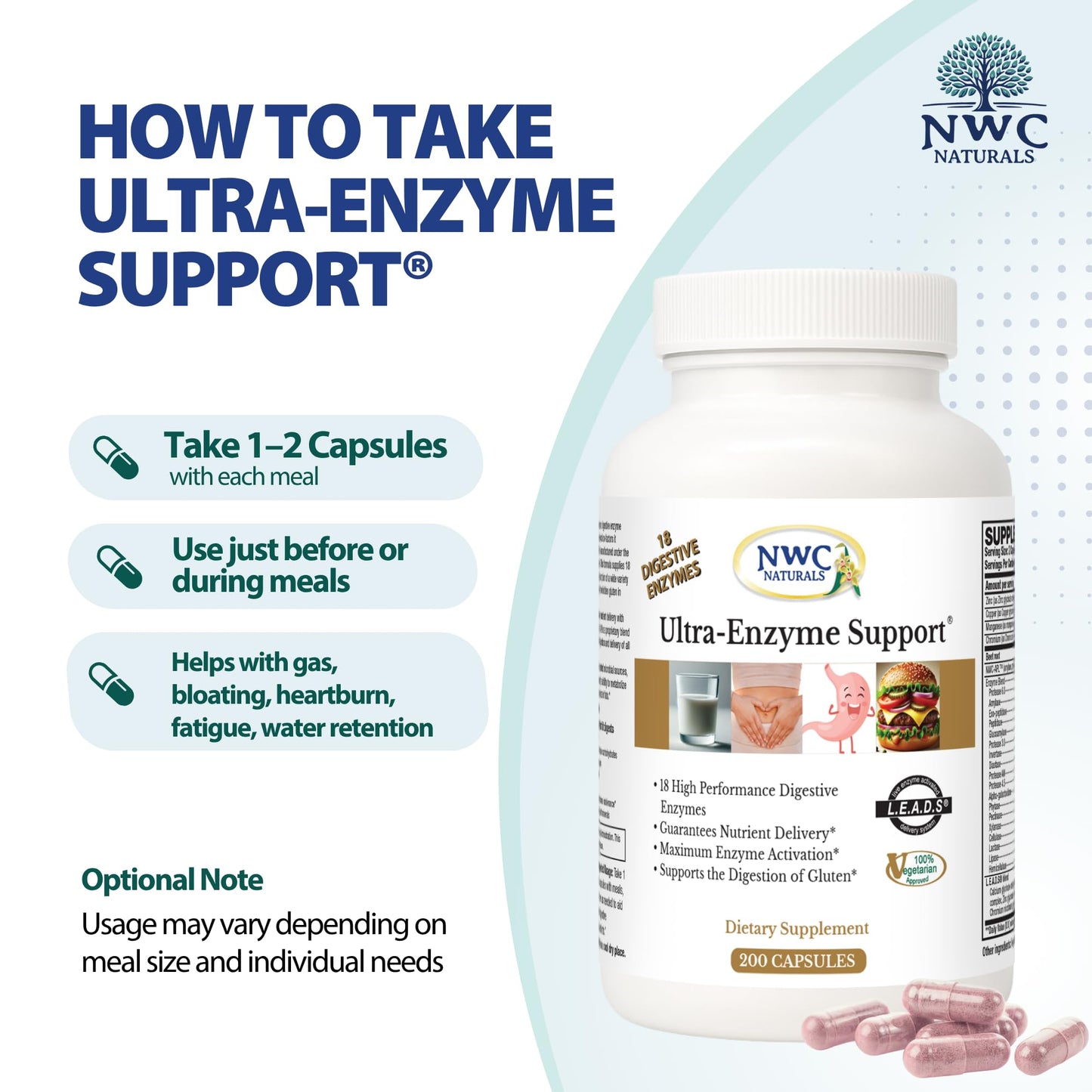 NWC Naturals Ultra-Enzyme Support, Natural Digestive Supplement, Promotes Optimal Health and Digestion, 200 count Capsules - Maple Wellness Supplements