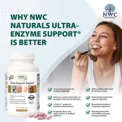 NWC Naturals Ultra-Enzyme Support, Natural Digestive Supplement, Promotes Optimal Health and Digestion, 200 count Capsules - Maple Wellness Supplements
