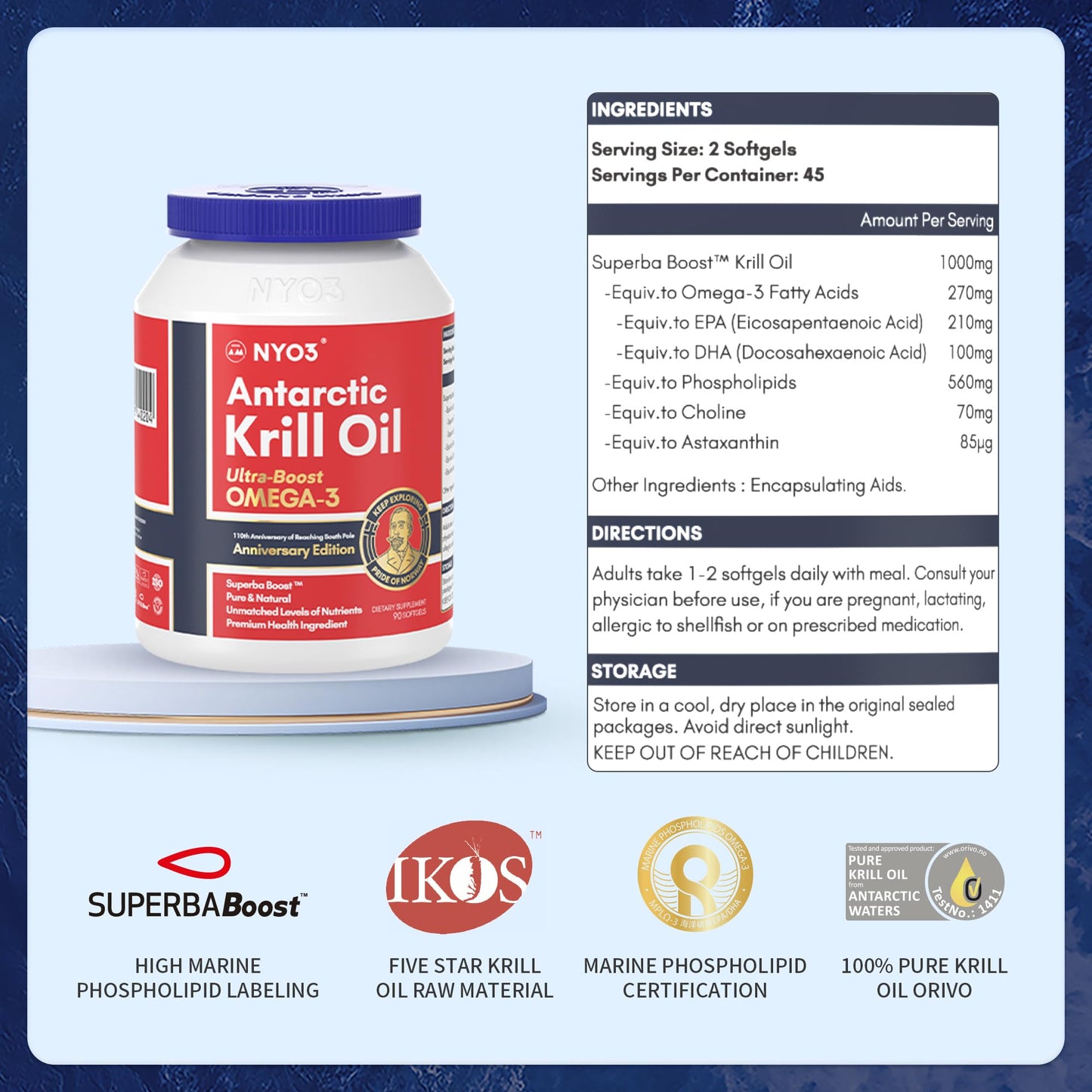 NYO3 Antarctic Krill Oil 1000mg Omega 3 Supplement, EPA & DHA, 90 Softgels Astaxanthin - Maple Wellness Supplements