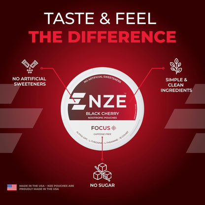 NZE Caffeine Free Nootropic Pouches (Black Cherry) - Nootropic Pouches with Alpha GPC, L-Tyrosine & L-Theanine - No Sugar or Artificial Sweeteners - 15 Pouches Per Can - 5 Pack - Maple Wellness Supplements