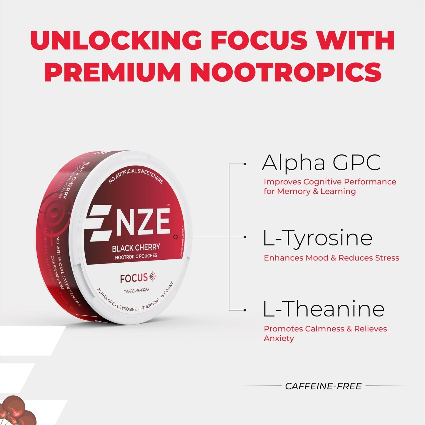 NZE Caffeine Free Nootropic Pouches (Black Cherry) - Nootropic Pouches with Alpha GPC, L-Tyrosine & L-Theanine - No Sugar or Artificial Sweeteners - 15 Pouches Per Can - 5 Pack - Maple Wellness Supplements