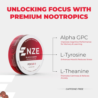 NZE Caffeine Free Nootropic Pouches (Black Cherry) - Nootropic Pouches with Alpha GPC, L-Tyrosine & L-Theanine - No Sugar or Artificial Sweeteners - 15 Pouches Per Can - 5 Pack - Maple Wellness Supplements