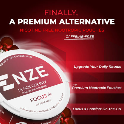 NZE Caffeine Free Nootropic Pouches (Black Cherry) - Nootropic Pouches with Alpha GPC, L-Tyrosine & L-Theanine - No Sugar or Artificial Sweeteners - 15 Pouches Per Can - 5 Pack - Maple Wellness Supplements