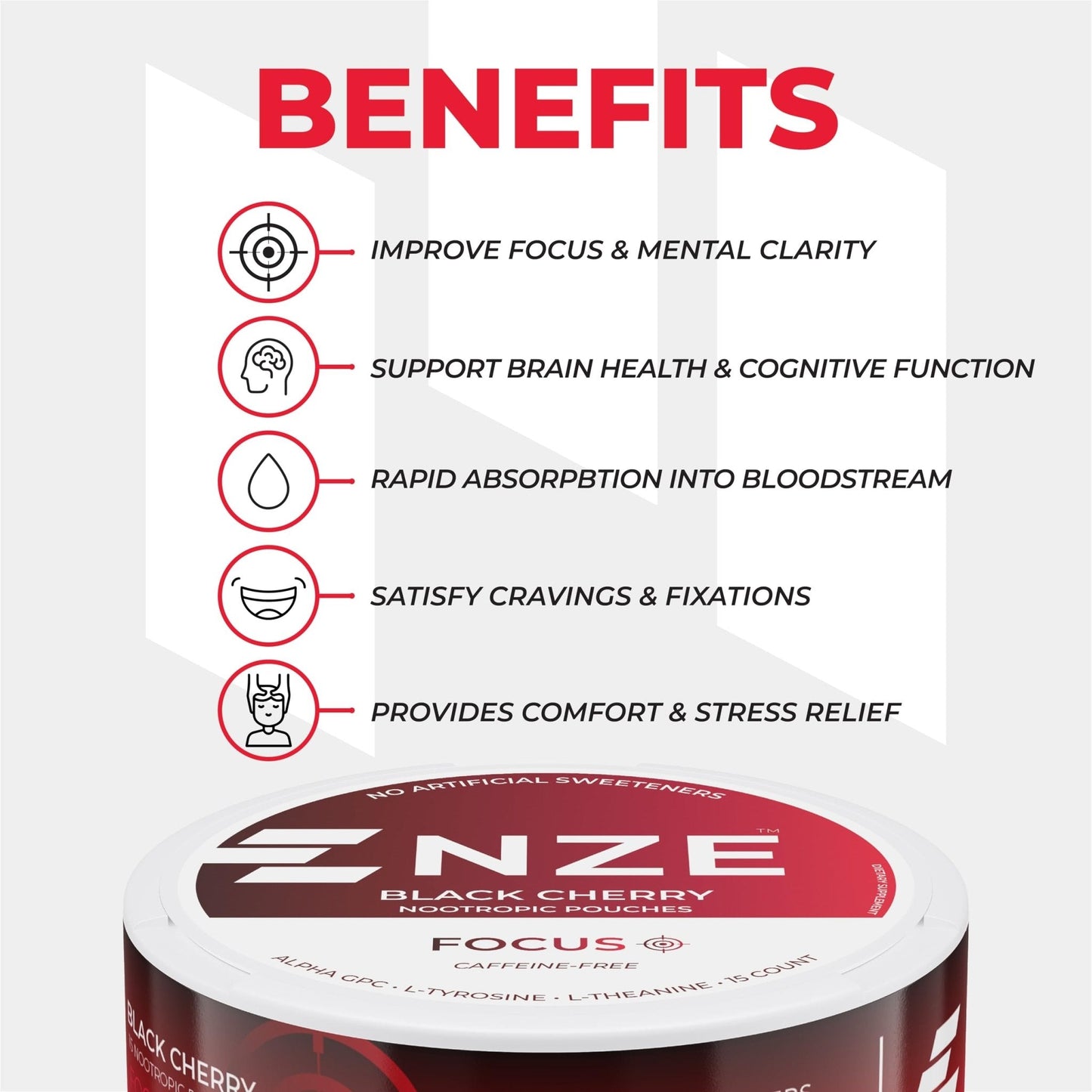 NZE Caffeine Free Nootropic Pouches (Black Cherry) - Nootropic Pouches with Alpha GPC, L-Tyrosine & L-Theanine - No Sugar or Artificial Sweeteners - 15 Pouches Per Can - 5 Pack - Maple Wellness Supplements