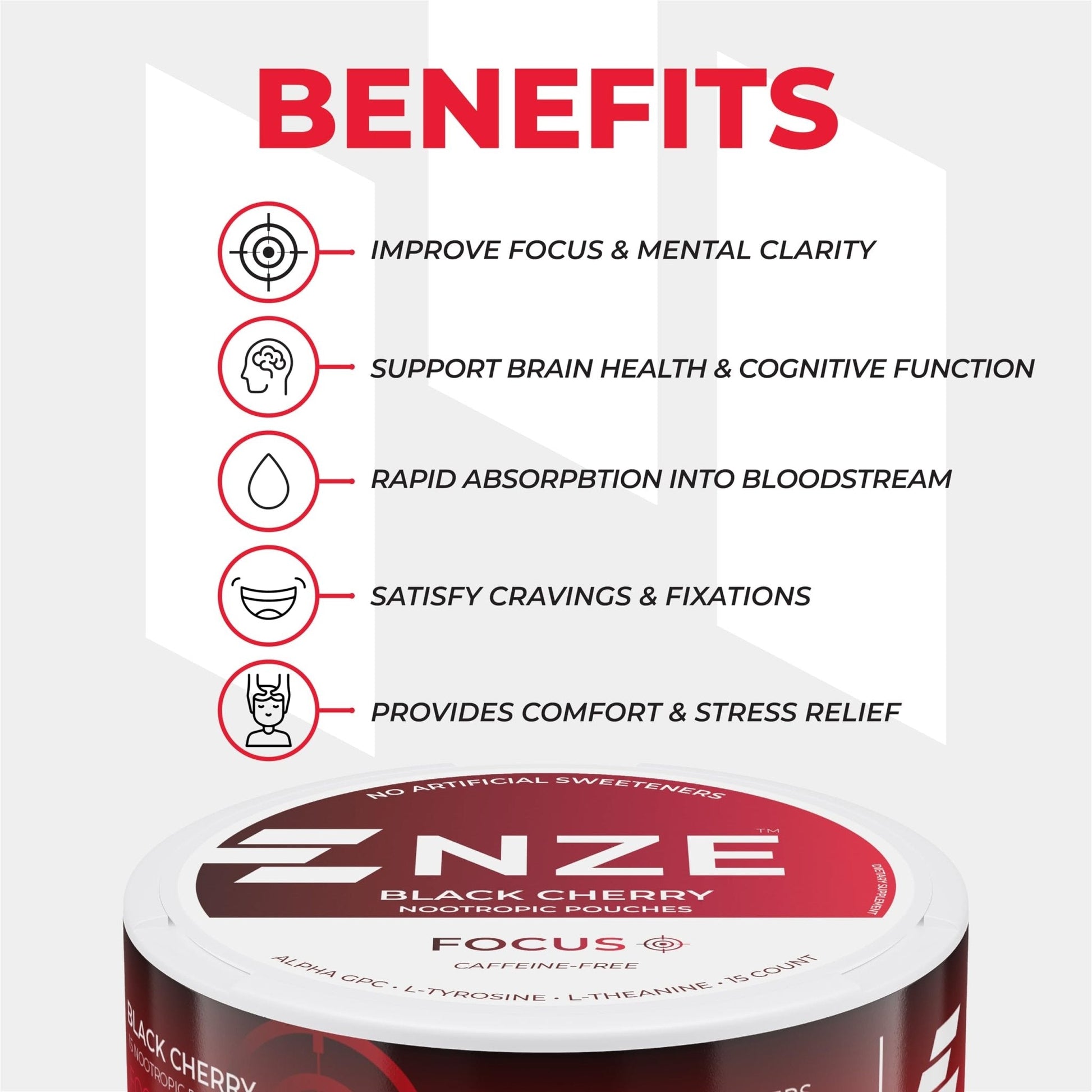 NZE Caffeine Free Nootropic Pouches (Black Cherry) - Nootropic Pouches with Alpha GPC, L-Tyrosine & L-Theanine - No Sugar or Artificial Sweeteners - 15 Pouches Per Can - 5 Pack - Maple Wellness Supplements