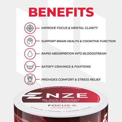 NZE Caffeine Free Nootropic Pouches (Black Cherry) - Nootropic Pouches with Alpha GPC, L-Tyrosine & L-Theanine - No Sugar or Artificial Sweeteners - 15 Pouches Per Can - 5 Pack - Maple Wellness Supplements