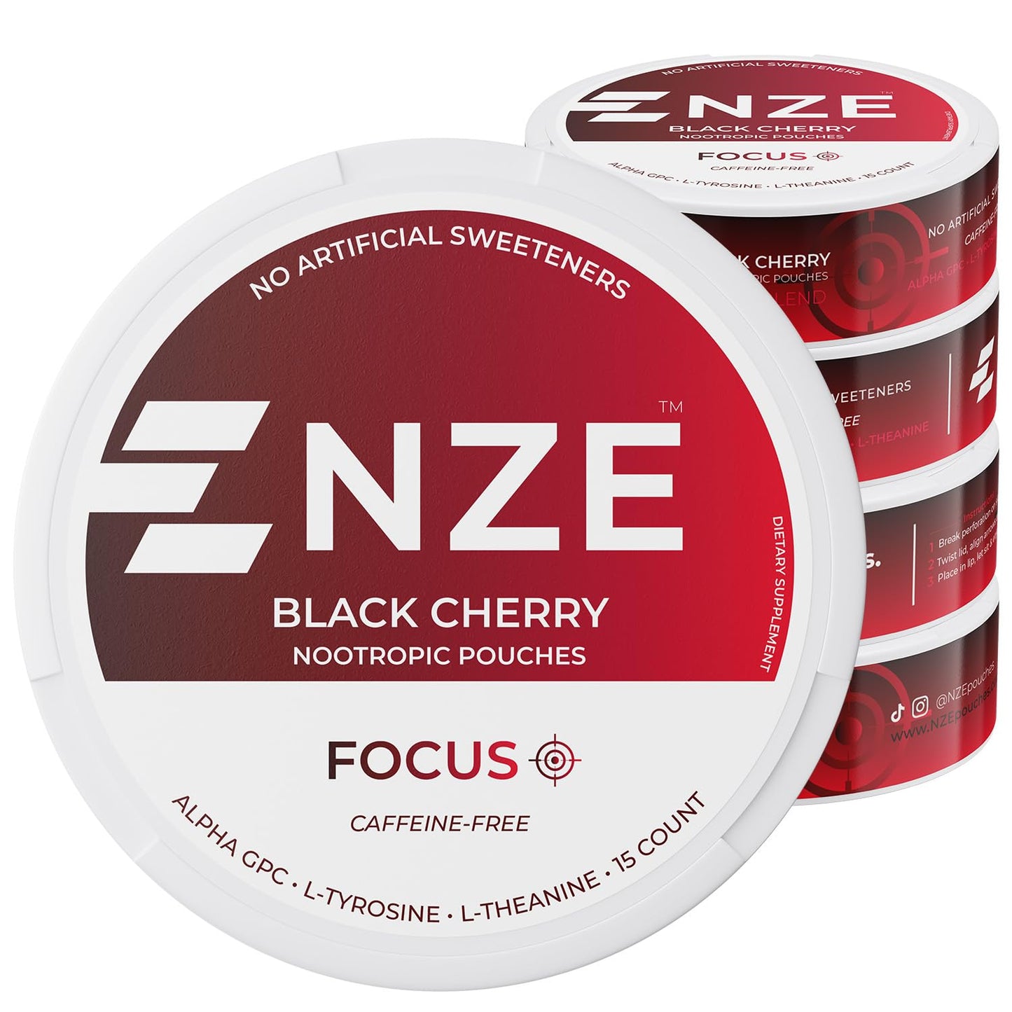 NZE Caffeine Free Nootropic Pouches (Black Cherry) - Nootropic Pouches with Alpha GPC, L-Tyrosine & L-Theanine - No Sugar or Artificial Sweeteners - 15 Pouches Per Can - 5 Pack - Maple Wellness Supplements