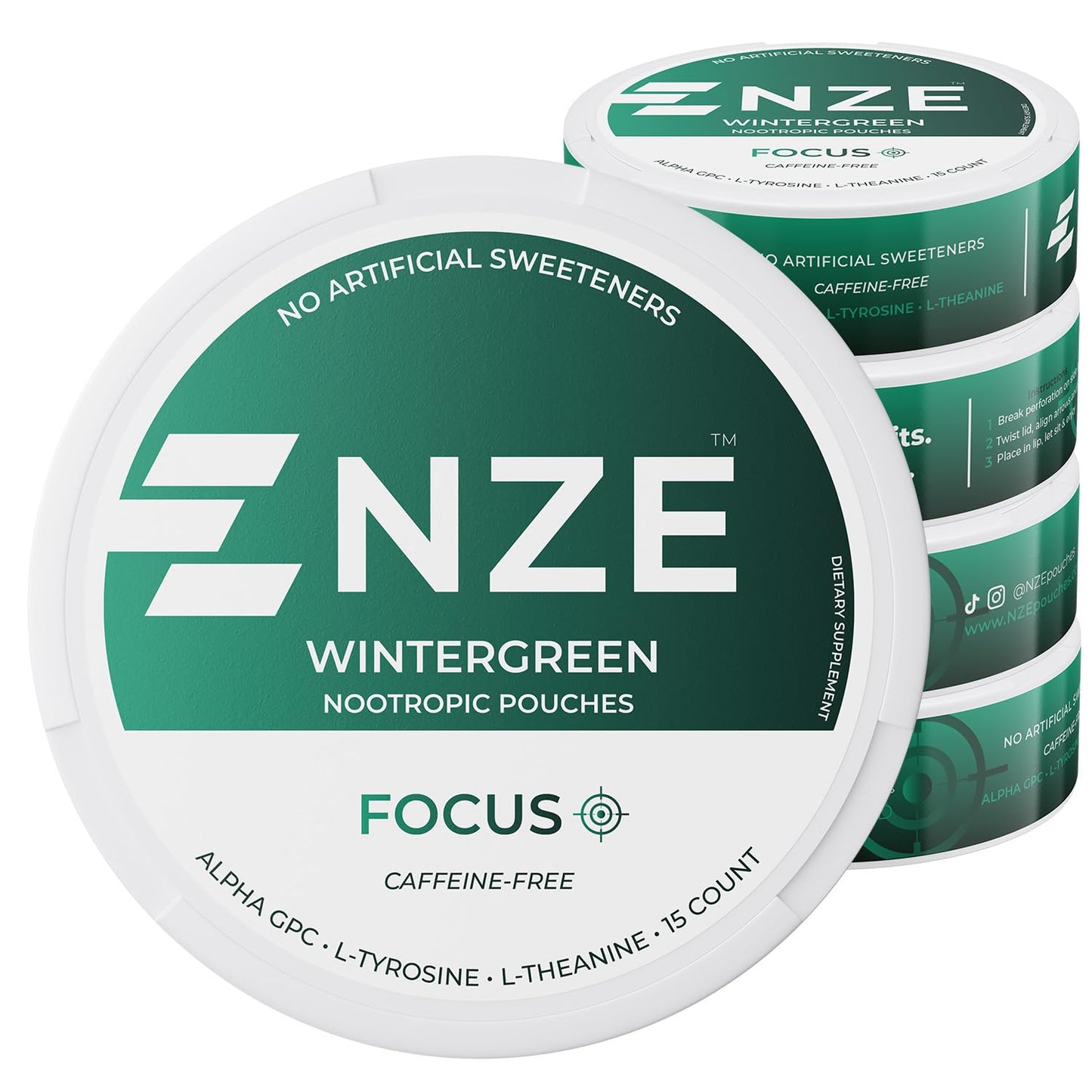 NZE Caffeine Free Nootropic Pouches (Wintergreen) - Nootropic Pouches with Alpha GPC, L-Tyrosine & L-Theanine - No Sugar or Artificial Sweeteners - 15 Pouches Per Can - 5 Pack - Maple Wellness Supplements