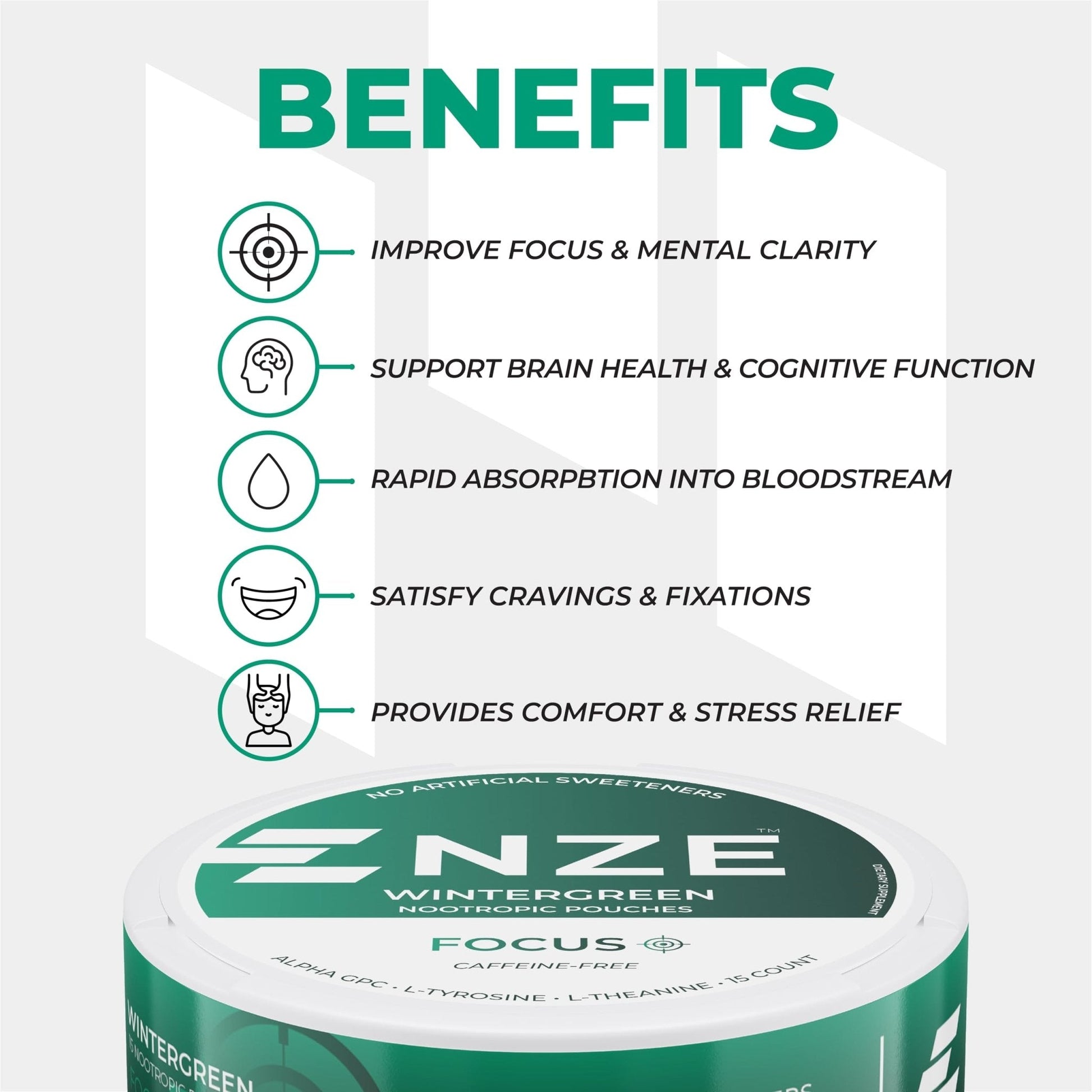 NZE Caffeine Free Nootropic Pouches (Wintergreen) - Nootropic Pouches with Alpha GPC, L-Tyrosine & L-Theanine - No Sugar or Artificial Sweeteners - 15 Pouches Per Can - 5 Pack - Maple Wellness Supplements