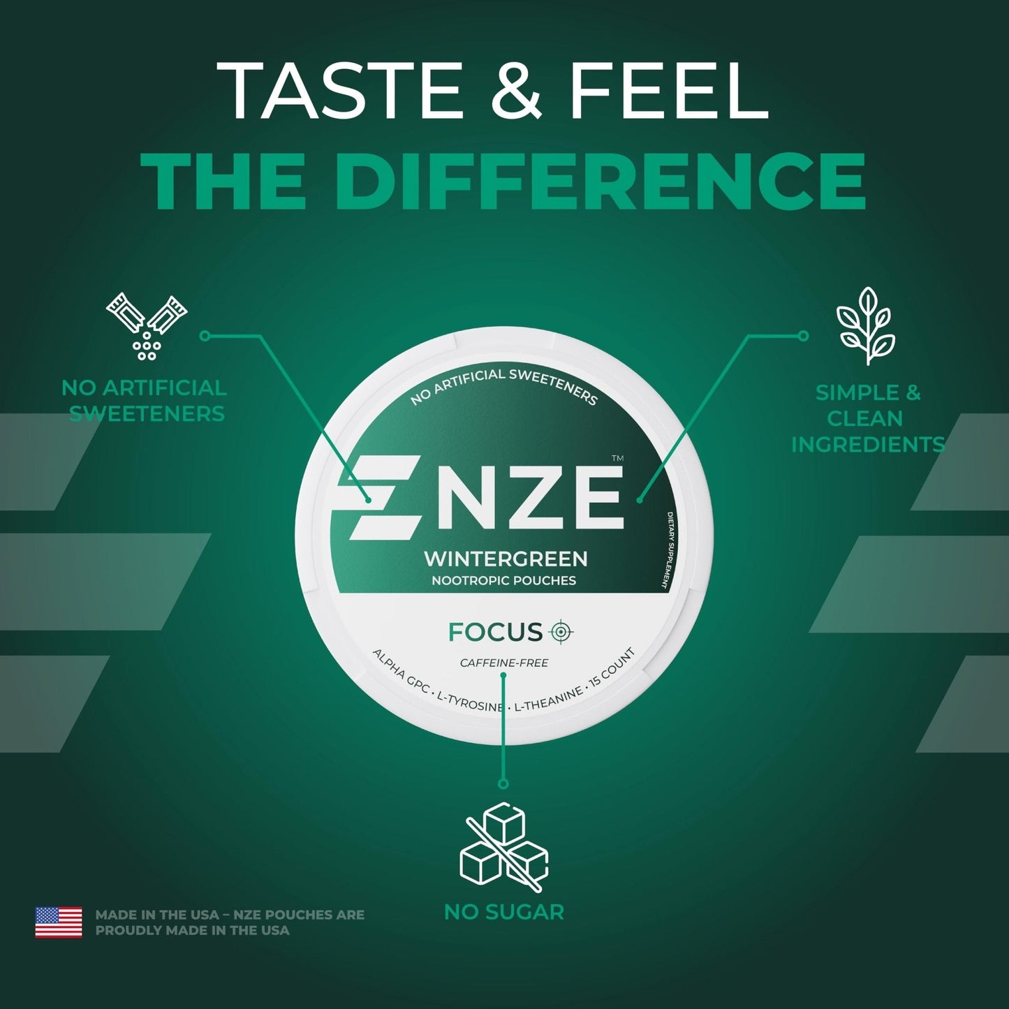 NZE Caffeine Free Nootropic Pouches (Wintergreen) - Nootropic Pouches with Alpha GPC, L-Tyrosine & L-Theanine - No Sugar or Artificial Sweeteners - 15 Pouches Per Can - 5 Pack - Maple Wellness Supplements