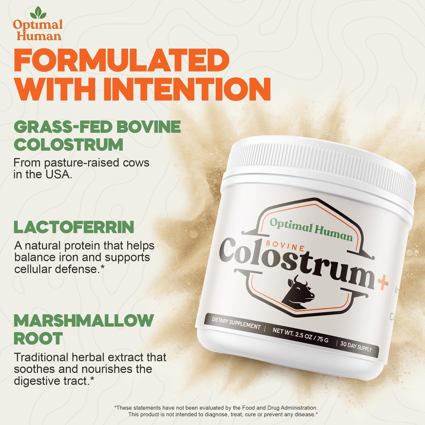 O H Optimal Human Bovine Colostrum Powder with Marshmallow Root – Gut & Immune Support Colostrum Supplement Capsules with IgG & Protein – Non-GMO, GMP Certified, Made in USA – Unflavored 30 Servings - Maple Wellness Supplements