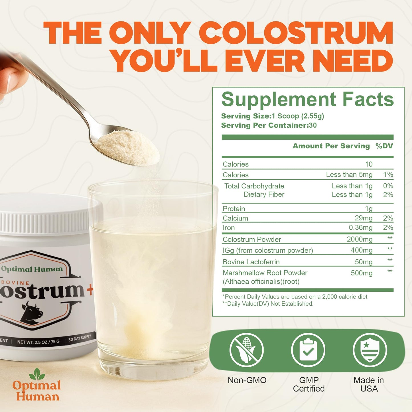 O H Optimal Human Bovine Colostrum Powder with Marshmallow Root – Gut & Immune Support Colostrum Supplement Capsules with IgG & Protein – Non-GMO, GMP Certified, Made in USA – Unflavored 30 Servings - Maple Wellness Supplements