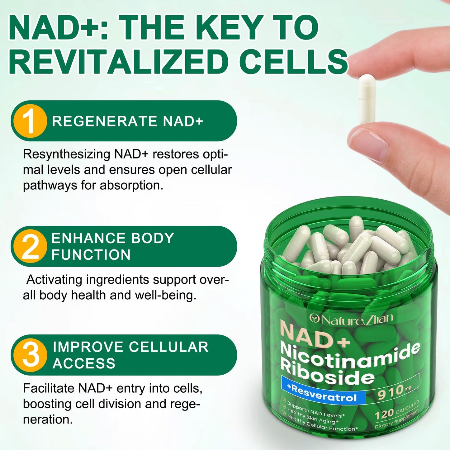 O NATURE . ZIRAN NAD Supplement - NAD+ Nicotinamide Riboside 910 Mg Supplement for Women & Men, Liposomal Nicotinamide Riboside with Resveratrol, for Focus, Boost - 120 Capsules - Maple Wellness Supplements