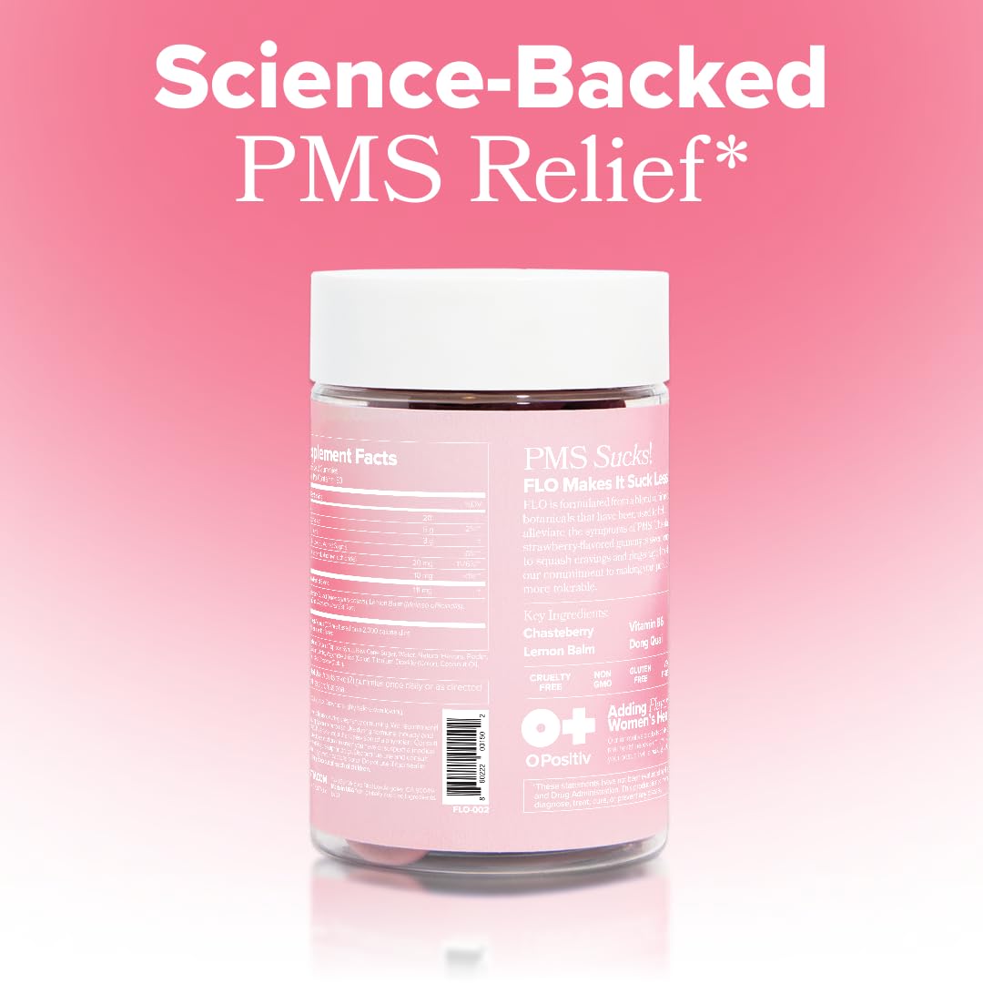 O Positiv FLO PMS Gummies for Women - Proactive PMS Relief - Targets Hormonal Breakouts, Bloating, Cramps, & Mood Swings with Chasteberry - Maple Wellness Supplements