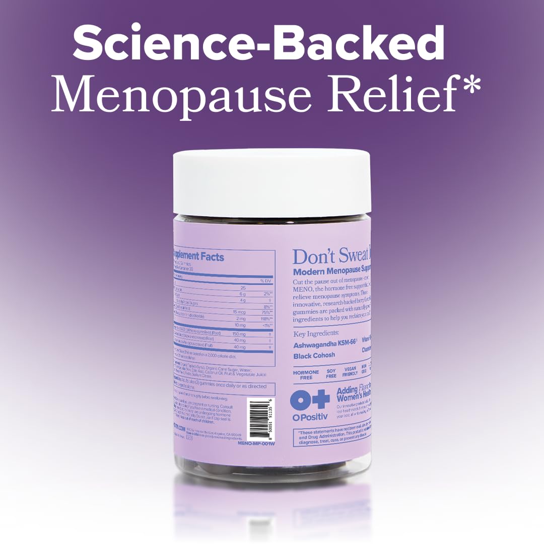O Positiv MENO Gummies for Menopause, 30 Servings (Pack of 1) - Hormone-Free Supplements for Women with Black Cohosh & Ashwagandha KSM-66 - Helps Alleviate Hot Flashes, Night Sweats, & Mood Swings - Maple Wellness Supplements