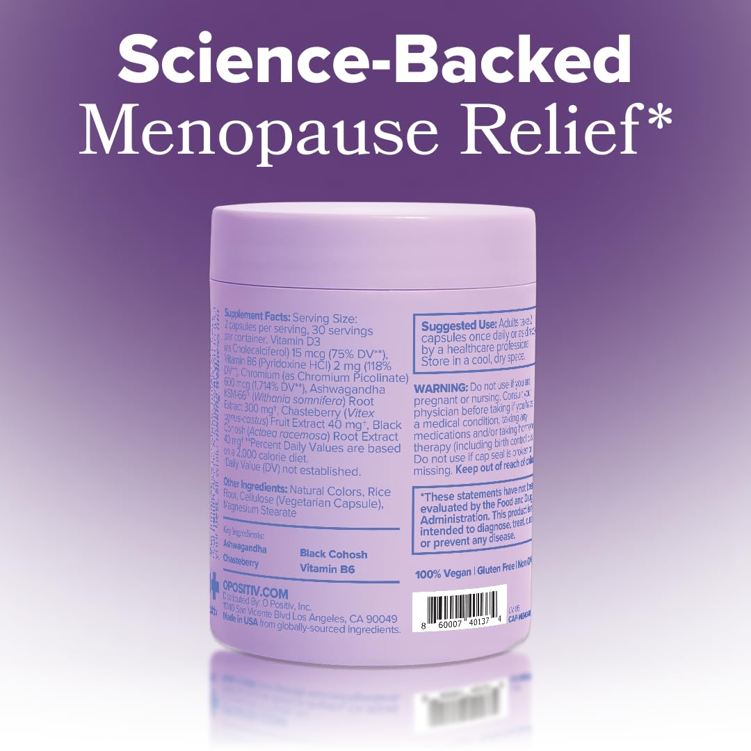 O Positiv MENO Vitamins for Menopause - Hormone-Free Menopause Supplement for Women - Black Cohosh & Ashwagandha KSM-66 - Helps Relieve Hot Flashes, Night Sweats, Mood Swings - 30 Servings (Pack of 1) - Maple Wellness Supplements