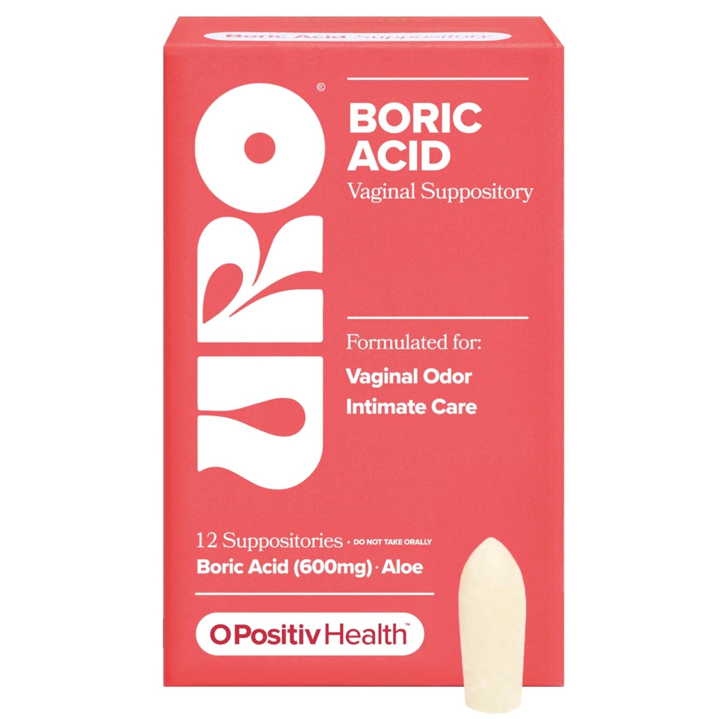 O Positiv URO Boric Acid Vaginal Suppository – with Lactic Acid, and Aloe for Fast Relief and Vaginal Odor Control – Vegan, Free from Parabens, Dyes, and Fragrances – 12 Count (Pack of 1) - Maple Wellness Supplements