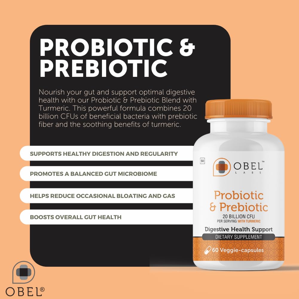 obel Probiotic & Prebiotic Supplement with Turmeric | 20 Billion CFU | 60 Capsules (30 Day Supply) | 4 Strains | Supports Digestion - Maple Wellness Supplements