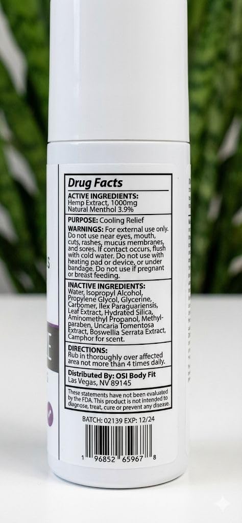 OBF Botanicals Hemp Roll On 3 Oz Instant Effect Topical Pain Relief Hemp Extract and Menthol Concentrated Roll On for Aching Muscles, Joint Relief, Ligaments - 1000mg - Maple Wellness Supplements