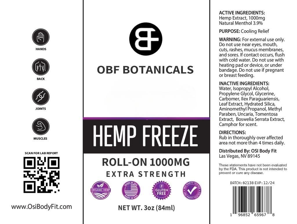 OBF Botanicals Hemp Roll On 3 Oz Instant Effect Topical Pain Relief Hemp Extract and Menthol Concentrated Roll On for Aching Muscles, Joint Relief, Ligaments - 1000mg - Maple Wellness Supplements
