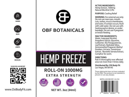 OBF Botanicals Hemp Roll On 3 Oz Instant Effect Topical Pain Relief Hemp Extract and Menthol Concentrated Roll On for Aching Muscles, Joint Relief, Ligaments - 1000mg - Maple Wellness Supplements