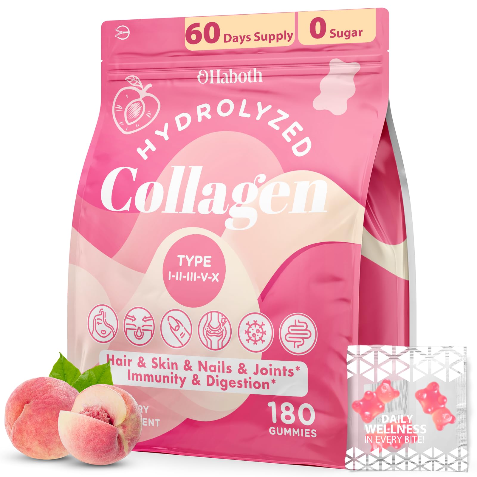 OHaboth Collagen Gummies for Women, Hydrolyzed Collagen Peptides Type I, II, III, V, X, 0 Sugar - Collagen Gummies for Skin, Wrinkles, Hair, Nails - Maple Wellness Supplements