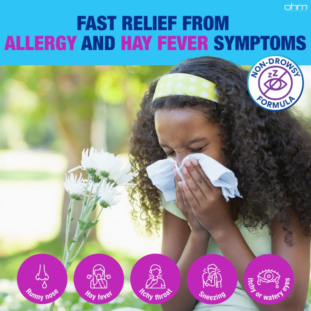 Ohm Children's Allergy Medicine, Loratadine 5mg, Chewable Tablets (30 Count) Grape Flavor, Non-Drowsy Antihistamine, 24-Hour Allergy Relief for Runny Nose, Watery Eyes, Itchy Throat & Nose - Maple Wellness Supplements