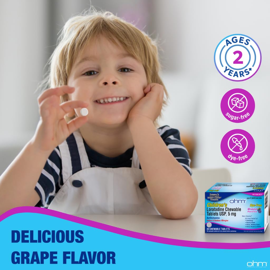 Ohm Children's Allergy Medicine, Loratadine 5mg, Chewable Tablets (30 Count) Grape Flavor, Non-Drowsy Antihistamine, 24-Hour Allergy Relief for Runny Nose, Watery Eyes, Itchy Throat & Nose - Maple Wellness Supplements
