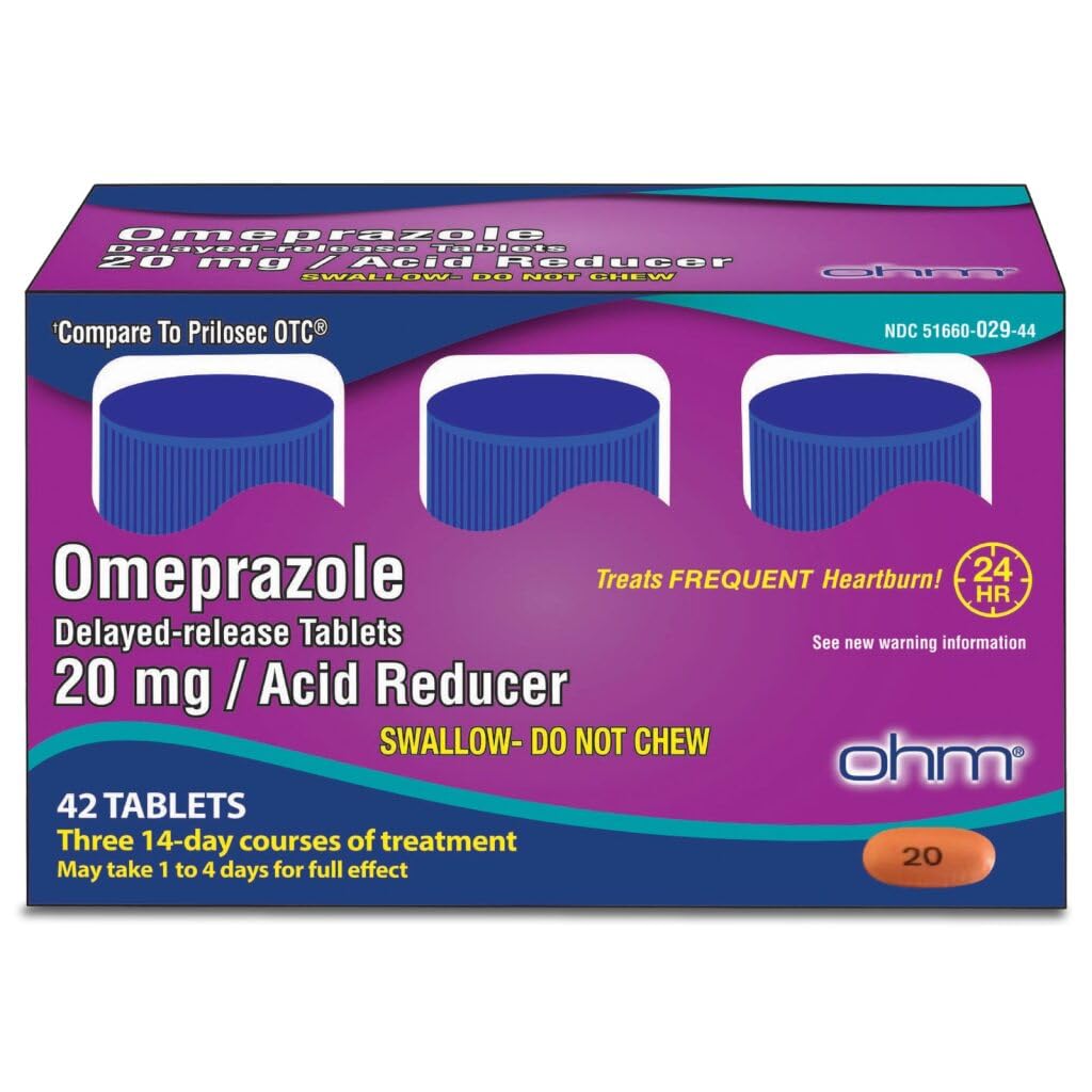 Ohm Omeprazole 20mg, 42 Delayed-Release Tablets, Acid Reducer for Frequent Heartburn, 24-Hour Relief Heartburn Medicine, Helps Relieve Stomach & Chest Discomfort (6 Weeks of Supply, 42, Count) - Maple Wellness Supplements