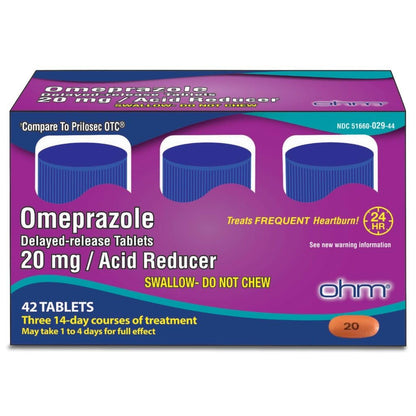 Ohm Omeprazole 20mg, 42 Delayed-Release Tablets, Acid Reducer for Frequent Heartburn, 24-Hour Relief Heartburn Medicine, Helps Relieve Stomach & Chest Discomfort (6 Weeks of Supply, 42, Count) - Maple Wellness Supplements