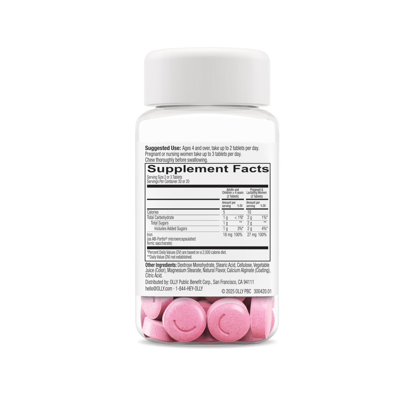 OLLY Delightful Iron Chewable Tablet, Iron Supplement from AB Fortis, Fruit Punch Flavored, 30 or 20 Day Supply - 60 Count - Maple Wellness Supplements