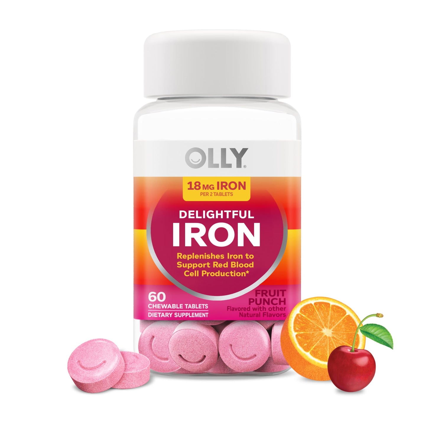 OLLY Delightful Iron Chewable Tablet, Iron Supplement from AB Fortis, Fruit Punch Flavored, 30 or 20 Day Supply - 60 Count - Maple Wellness Supplements
