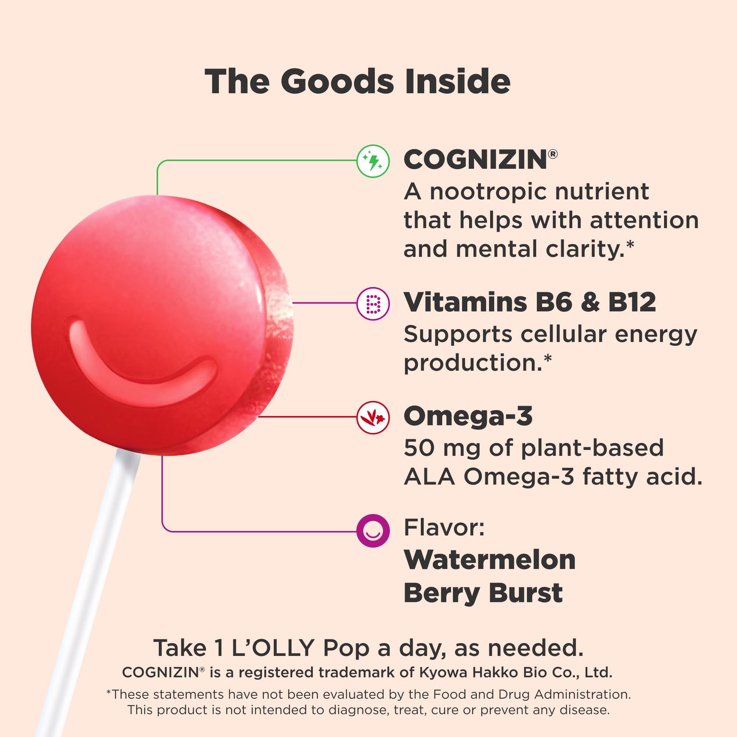 OLLY Focus Buddies L’OLLY Pops, Cognizin, Vitamins B6 and B12, Omega-3 ALA, Supports Focused Attention and Healthy Brain Function,* Kids 4+ Dietary Supplement, Watermelon Strawberry Flavored, 25 Count - Maple Wellness Supplements