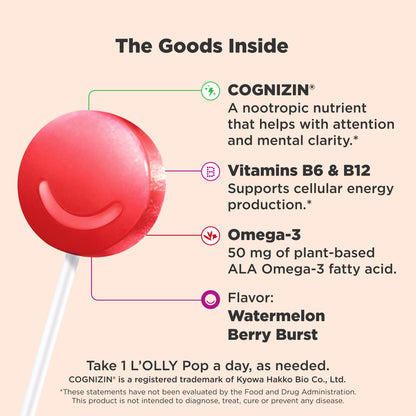 OLLY Focus Buddies L’OLLY Pops, Cognizin, Vitamins B6 and B12, Omega-3 ALA, Supports Focused Attention and Healthy Brain Function,* Kids 4+ Dietary Supplement, Watermelon Strawberry Flavored, 25 Count - Maple Wellness Supplements