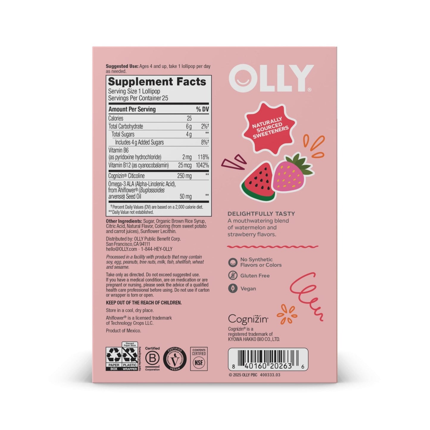 OLLY Focus Buddies L’OLLY Pops, Cognizin, Vitamins B6 and B12, Omega-3 ALA, Supports Focused Attention and Healthy Brain Function,* Kids 4+ Dietary Supplement, Watermelon Strawberry Flavored, 25 Count - Maple Wellness Supplements