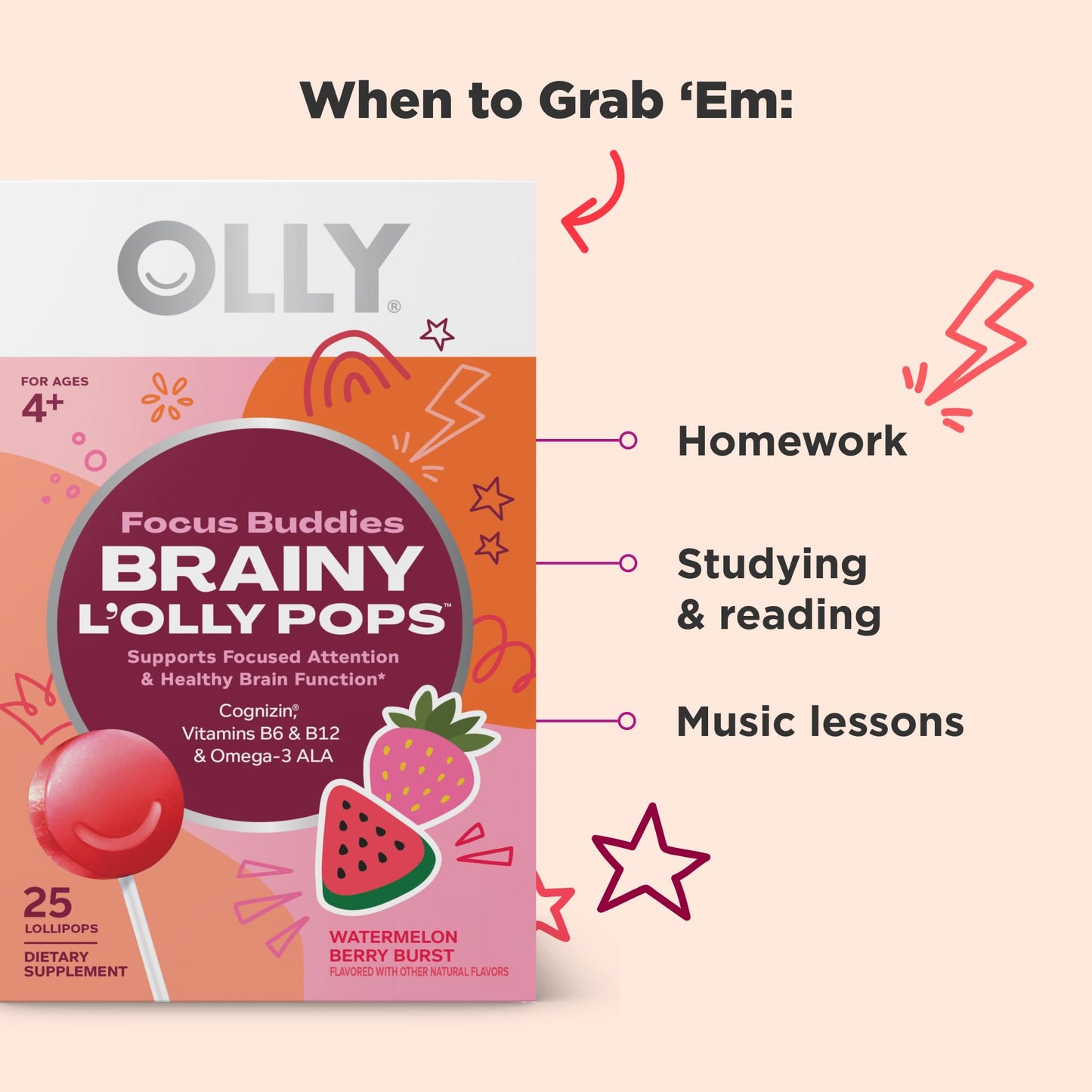 OLLY Focus Buddies L’OLLY Pops, Cognizin, Vitamins B6 and B12, Omega-3 ALA, Supports Focused Attention and Healthy Brain Function,* Kids 4+ Dietary Supplement, Watermelon Strawberry Flavored, 25 Count - Maple Wellness Supplements