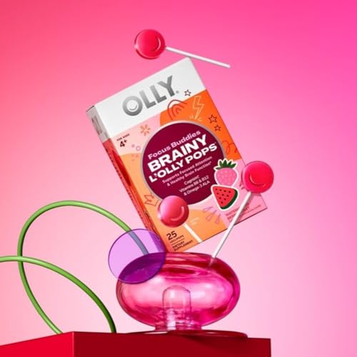 OLLY Focus Buddies L’OLLY Pops, Cognizin, Vitamins B6 and B12, Omega-3 ALA, Supports Focused Attention and Healthy Brain Function,* Kids 4+ Dietary Supplement, Watermelon Strawberry Flavored, 25 Count - Maple Wellness Supplements