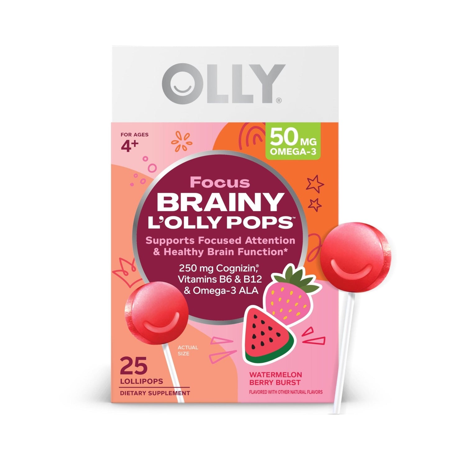 OLLY Focus Buddies L’OLLY Pops, Cognizin, Vitamins B6 and B12, Omega-3 ALA, Supports Focused Attention and Healthy Brain Function,* Kids 4+ Dietary Supplement, Watermelon Strawberry Flavored, 25 Count - Maple Wellness Supplements