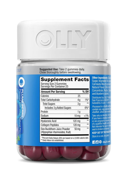 OLLY Glowing Skin Gummy, Hydrated & Youthful Skin,* Hyaluronic Acid, Collagen Peptides, Sea Buckthorn, Plump Berry Flavor - Maple Wellness Supplements