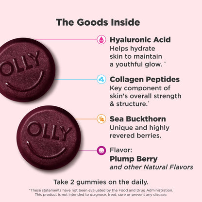 OLLY Glowing Skin Gummy, Hydrated & Youthful Skin,* Hyaluronic Acid, Collagen Peptides, Sea Buckthorn, Plump Berry Flavor - Maple Wellness Supplements
