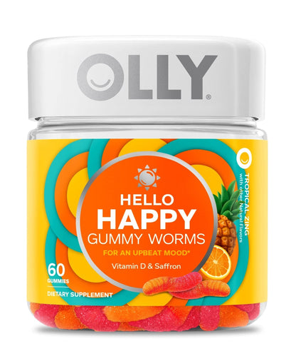 OLLY Hello Happy Gummy Worms, Mood Support Gummies For Adults,* Saffron Extract, Vitamin D, Tropical Zing Flavored, 30 Day Supply - 60 Count - Maple Wellness Supplements