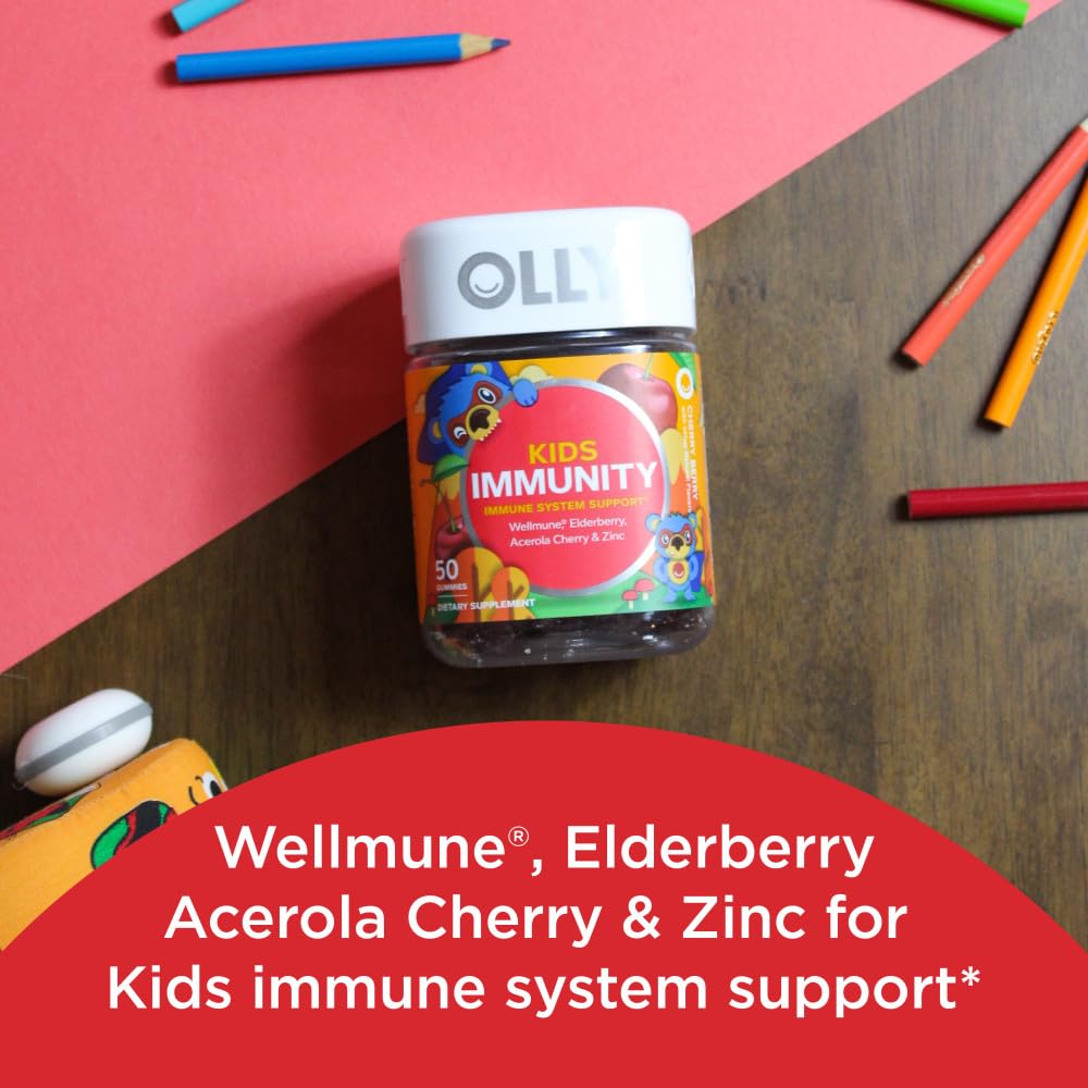 OLLY Kids Immunity Gummy, Immune Support, Wellmune, Elderberry, Vitamin C, Zinc & Kids Multivitamin Gummy Worms, Overall Health and Immune Support, Vitamins and Minerals A, C, D - Maple Wellness Supplements