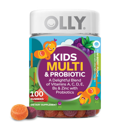 OLLY Kids Multivitamin & Probiotic Gummy, Digestive Support, Vitamins A, D, C, E, B, Zinc, Chewable Supplement, Berry Flavor, 50 day supply - 100 Count - Maple Wellness Supplements