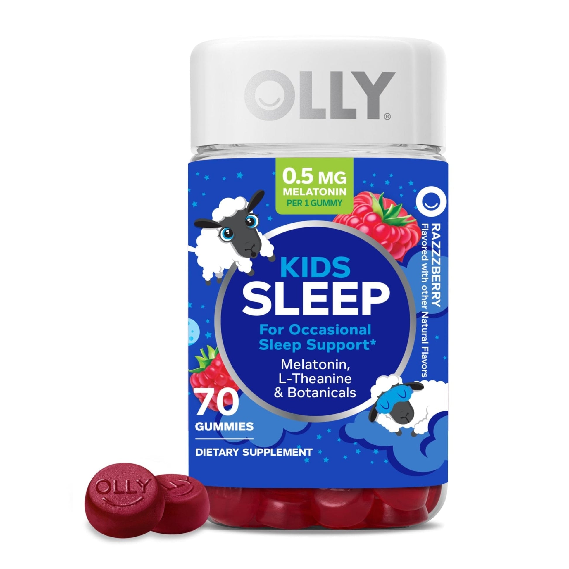 OLLY Kids Sleep Gummies, 0.5mg Melatonin, L Theanine, Chamomile, and Lemon Balm, Raspberry - 70 Count - Maple Wellness Supplements