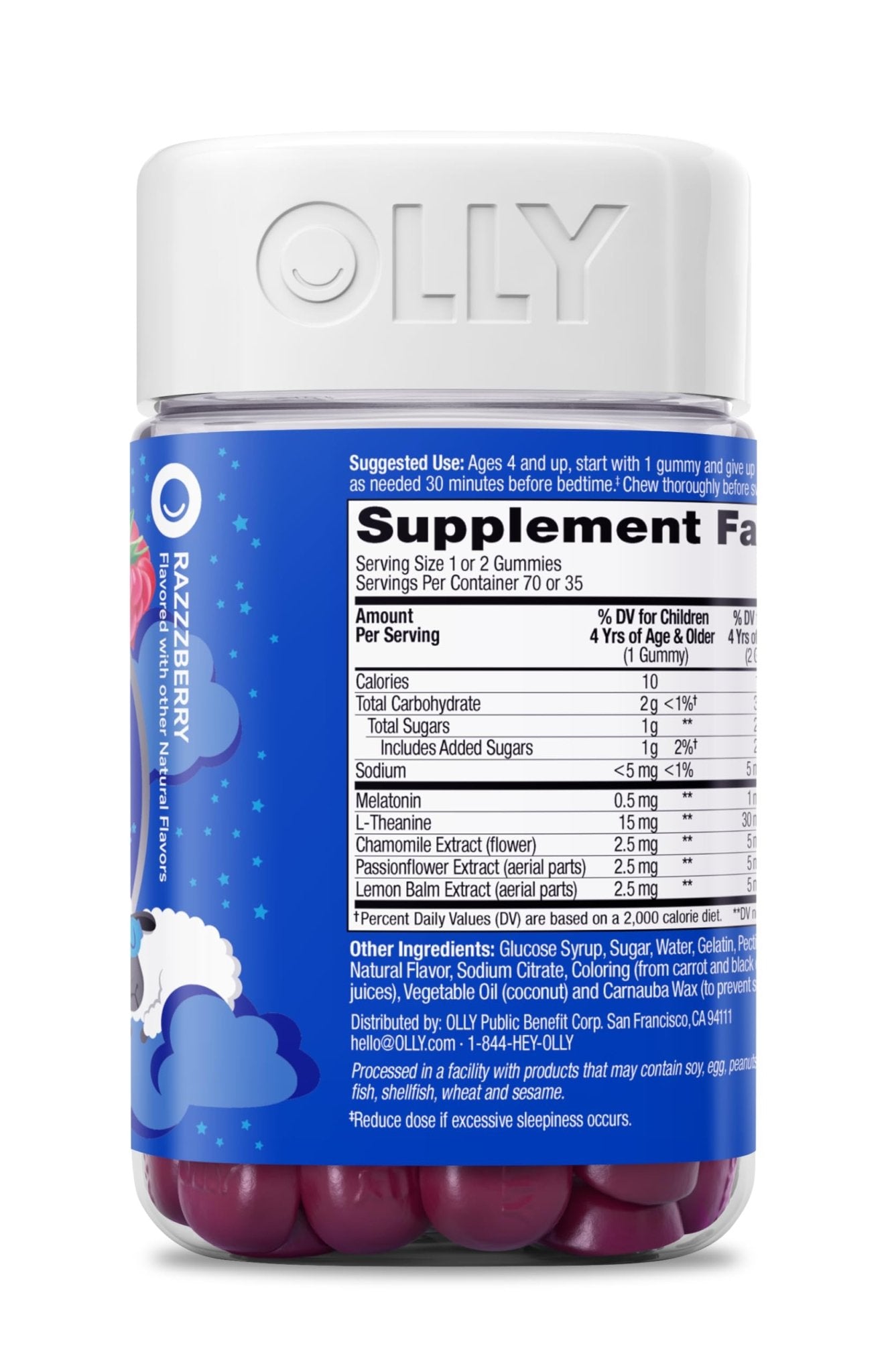 OLLY Kids Sleep Gummies, 0.5mg Melatonin, L Theanine, Chamomile, and Lemon Balm, Raspberry - 70 Count - Maple Wellness Supplements